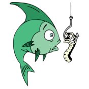 green fish staring at angry worm on fishing hook