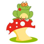 green frog sitting on toadstool red white
